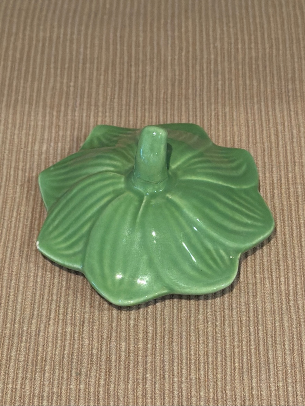 Vintage Green Leaf Ceramic Replacement Lid Stem Handle Pumpkin Squash Jar